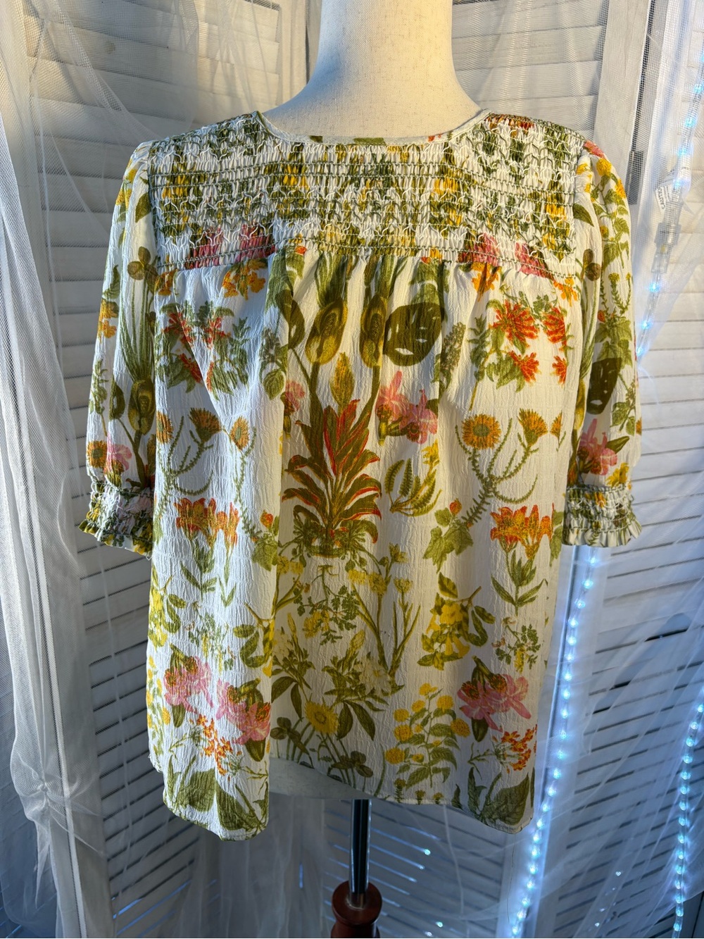 Rose & Olive White Floral Smocked Peasant Blouse with Green and Pink